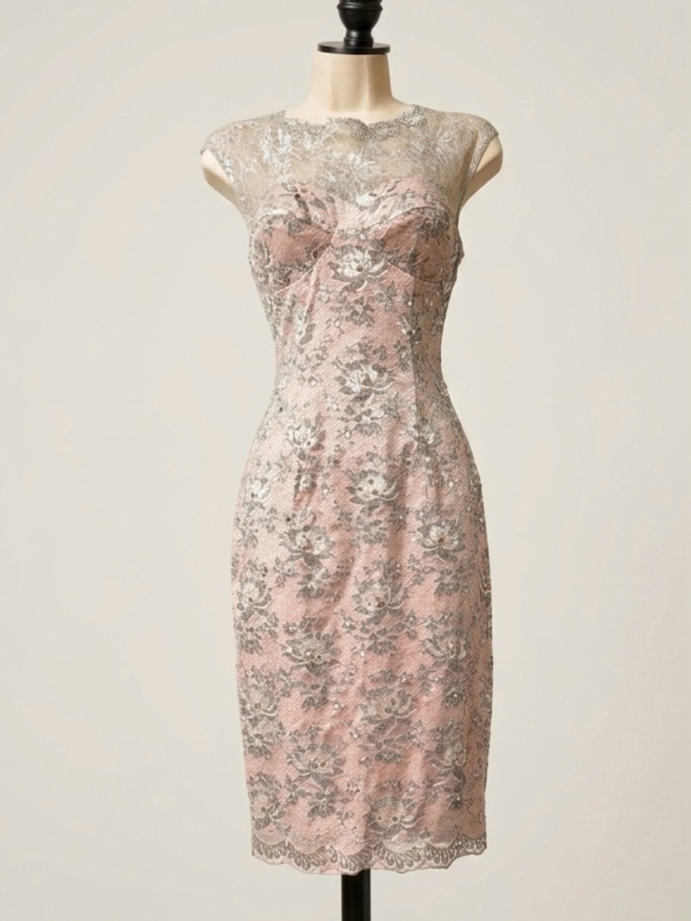 Julian Joyce by Mandalay Beaded Lace Sheath Dress in Blush/Silver - Size 4